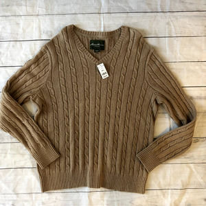 Mens Eddie Bauer Wool Blend Tan V-Neck Cable knit Sweater XXL New With Ta…